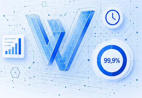 Visual tecnológico da Wevitria com a marca, dados e indicador 99,9%